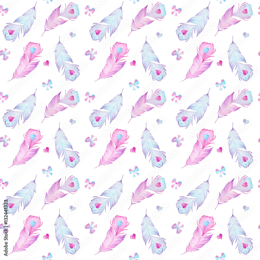 Watercolor feathers, hearts and bows seamless pattern texture on white background Watercolor feathers, hearts and bows seamless pattern texture on white background