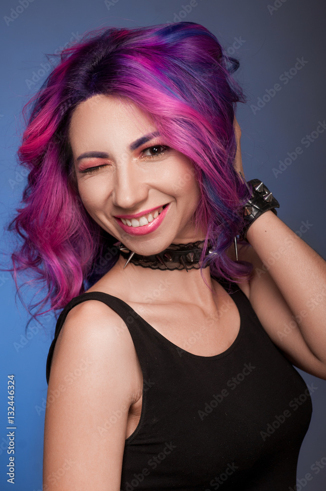 Portrait woman with violet hair. Portrait woman with violet hair.