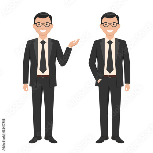 Vector illustration of a young cartoon style smiling businessman in a black suit