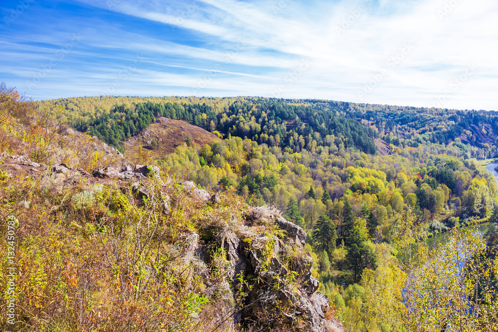 Autumn landscape. View of the Siberian river Berd, from the rock Autumn landscape. View of the Siberian river Berd, from the rock