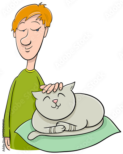 boy strokes cat cartoon
