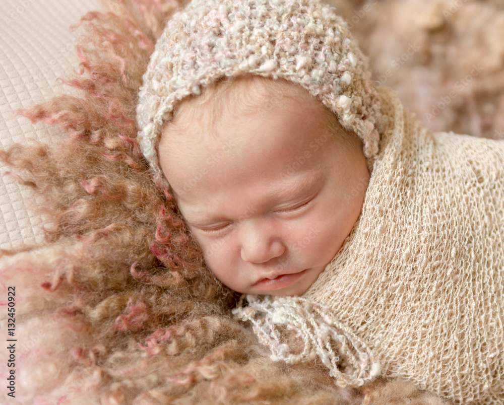 cute sleeping baby in hat on fluffy blanket cute sleeping baby in hat on fluffy blanket