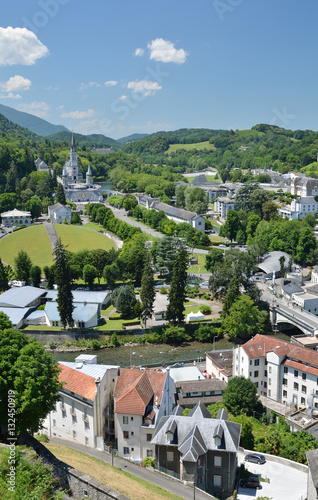 Summer view of Lourdes with the Rosary basilica