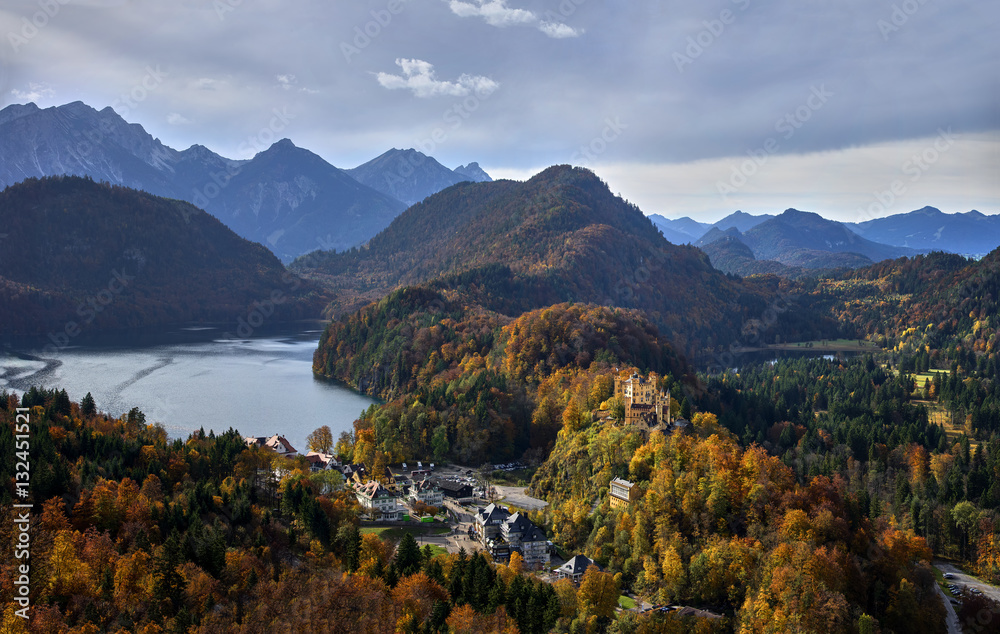 Hohenschwangau Castle and autumn trees. Bavaria, Germany. - panorama