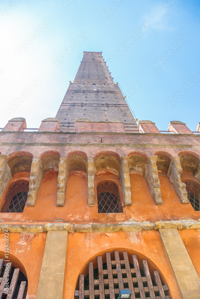 Perspective low view of Torre degli Asinelli, 97.2 meters high, is the
