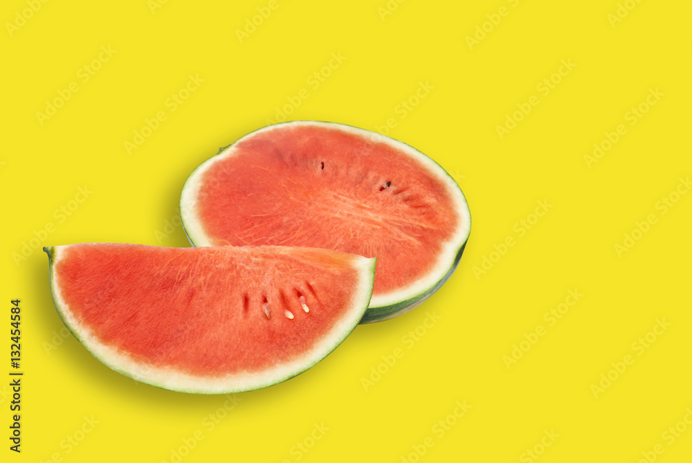 close-up of some pieces of refresh watermelon on yellow top tabl close-up of some pieces of refresh watermelon on yellow top tabl