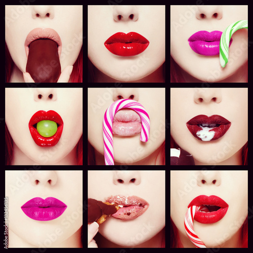 Vintage style collage with nine close-up images of colorful woman lips. Diet, fashion, make-up
