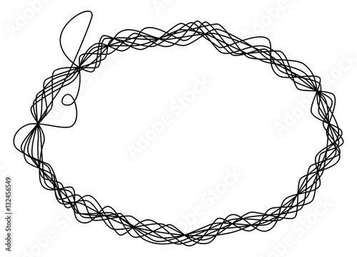 Single thread frame. One single line is eight times wrapped around and shaping an ellipse like a wire sculpture. Black illustration on white background. Vector.