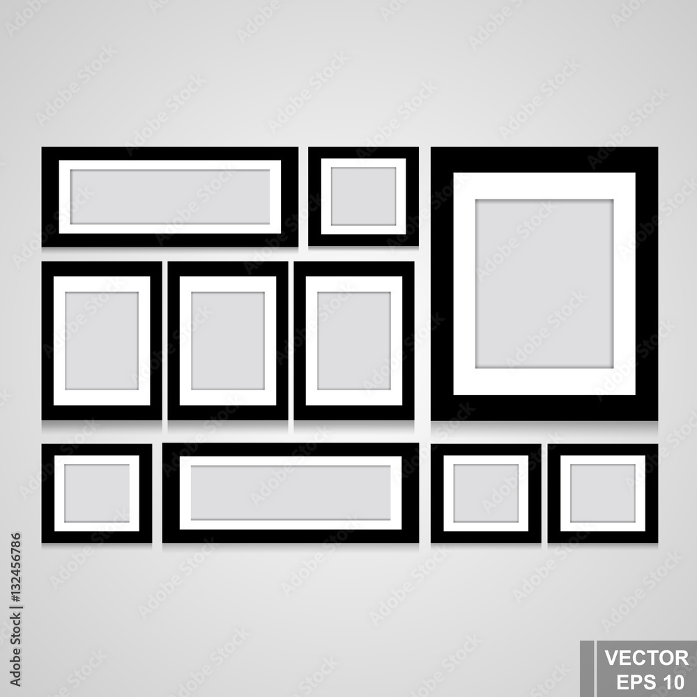 Set of photo frame. Black. Isolated on gray background. For your design. Set of photo frame. Black. Isolated on gray background. For your design.