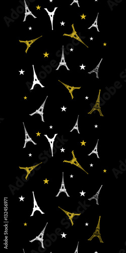 Vector Gold White Eifel Tower Paris Vertical Seamless Pattern Border With Sta...