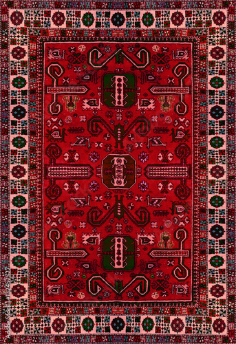 Persian Carpet Texture, abstract ornament. Round mandala pattern, Eastern Traditional Carpet surface. Turquoise green red maroon orange blue grey brown yellow violet square background vertical