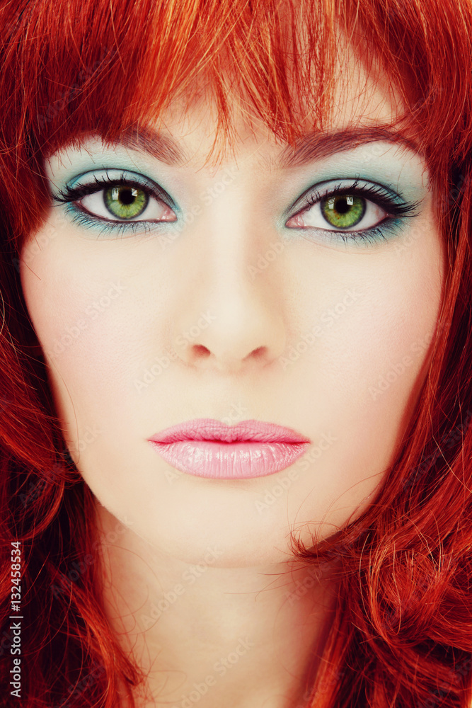 Vintage style close-up portrait of young beautiful green-eyed girl with red  hair and stylish makeup Stock Photo | Adobe Stock