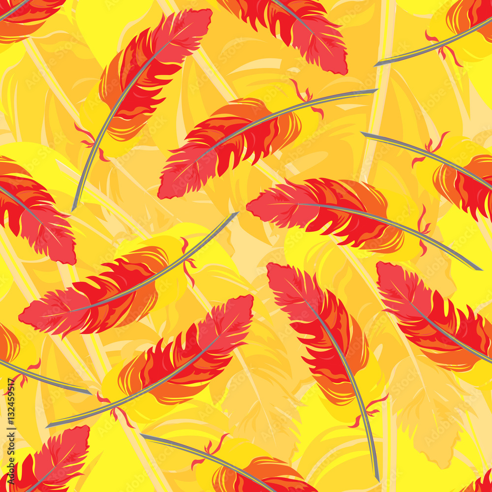 Seamless repeating pattern of colored feathers.Vector