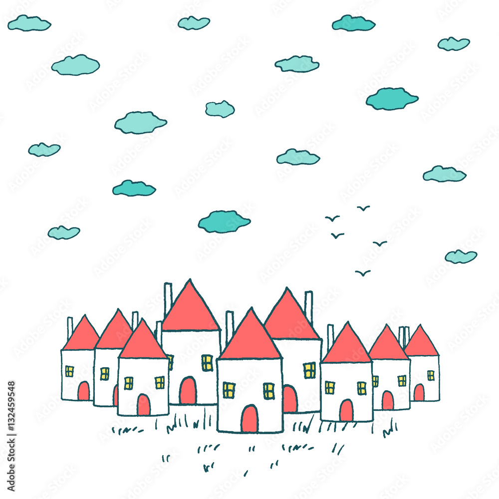 Cute small village with red roof houses - vector hand drawn illustration. Cozy sweet home for a family, sketched minimalistic style building