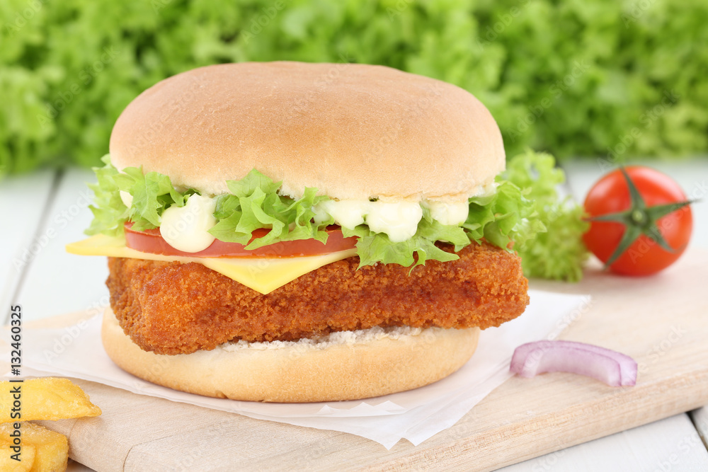 Fischburger Fisch Burger Backfisch Hamburger Zwiebel Käse Tomat Stock ...