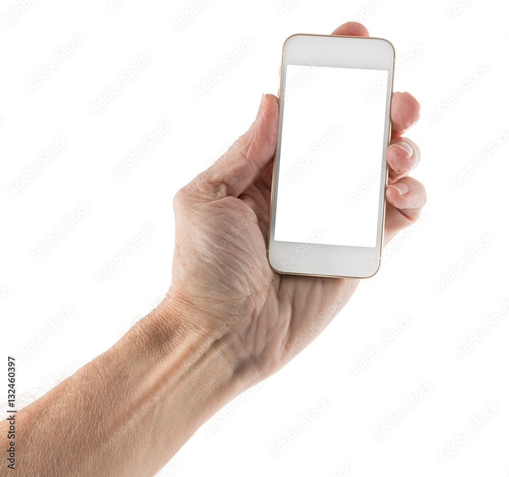 Male left hand holding smartphone with blank screen