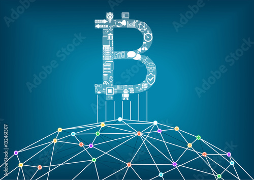 Bitcoin vector illustration background with connected internet as an example for crypto currencies and block chain technology