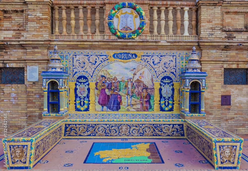 Coruna Province, Glazed tiles bench at Spain Square, Seville
