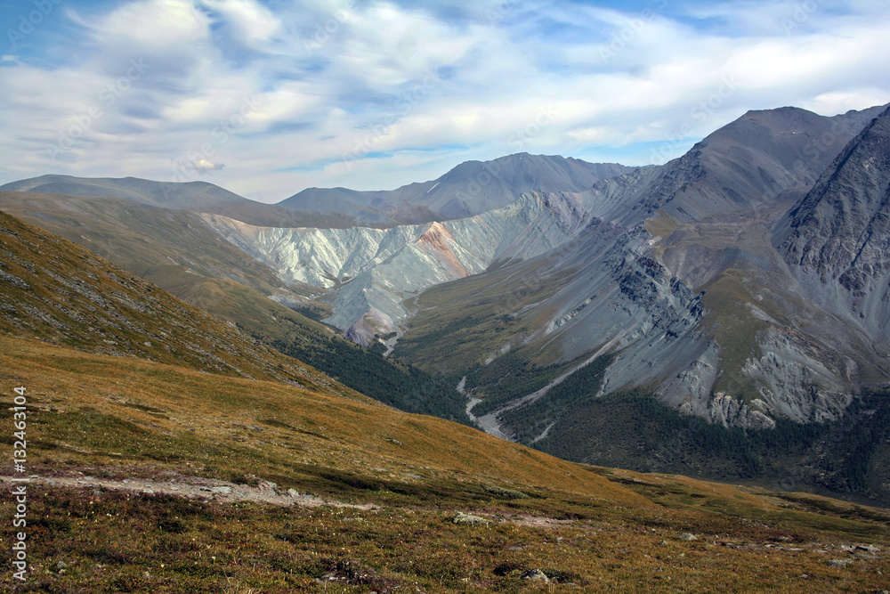 View from the highland pass Karaturek to the Altai Mountains with snowcaps 