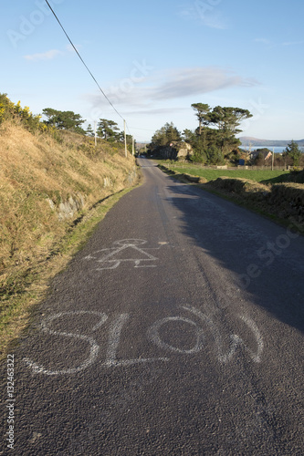 Makeshift 'slow' sign on the road east to Kilcrohane on the Sheep's Head Peninsula, County Cork, Ireland. photo