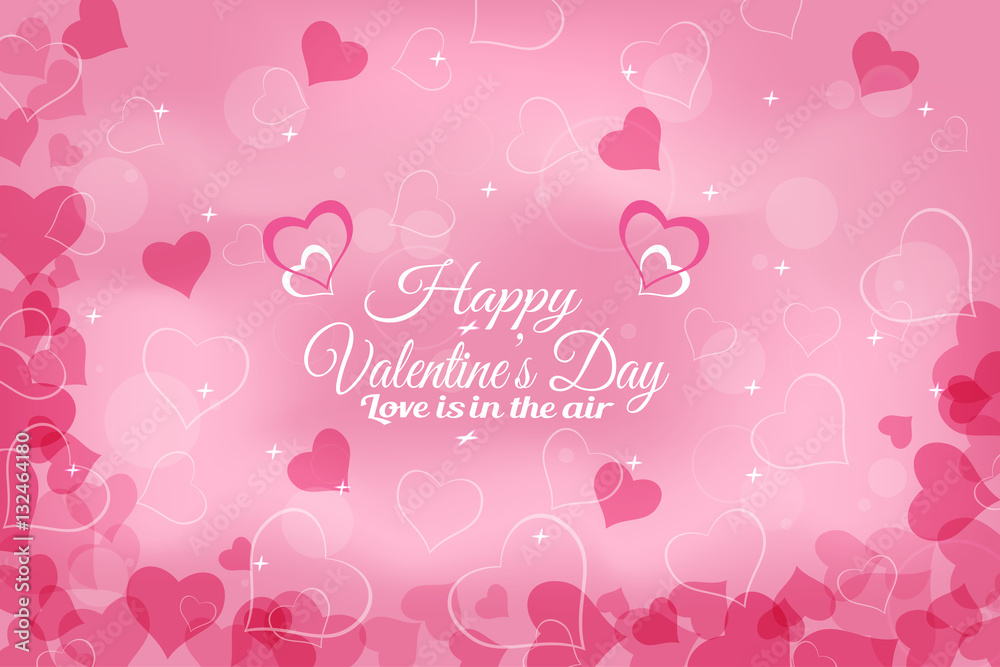 Vector Happy Valentine's Day wide background with light pink pattern from dark pink hearts, radiance and stars.