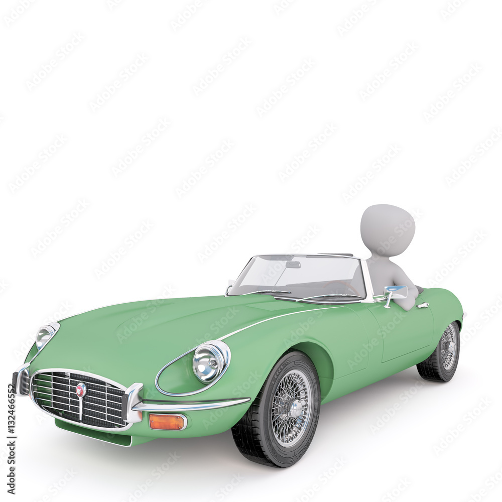 Cartoon Driver Seated in Vintage Green Convertible