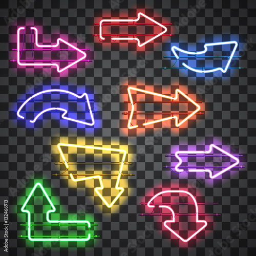 Set of glowing neon arrows of different colors isolated on transparent background. Shining and glowing neon effect. Every arrow is separate unit with wires, tubes, brackets and holders.