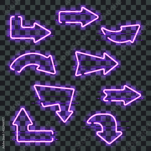 Set of glowing purple neon arrows isolated on transparent background. Shining and glowing neon effect. Every arrow is separate unit with wires, tubes, brackets and holders. Vector illustration.
