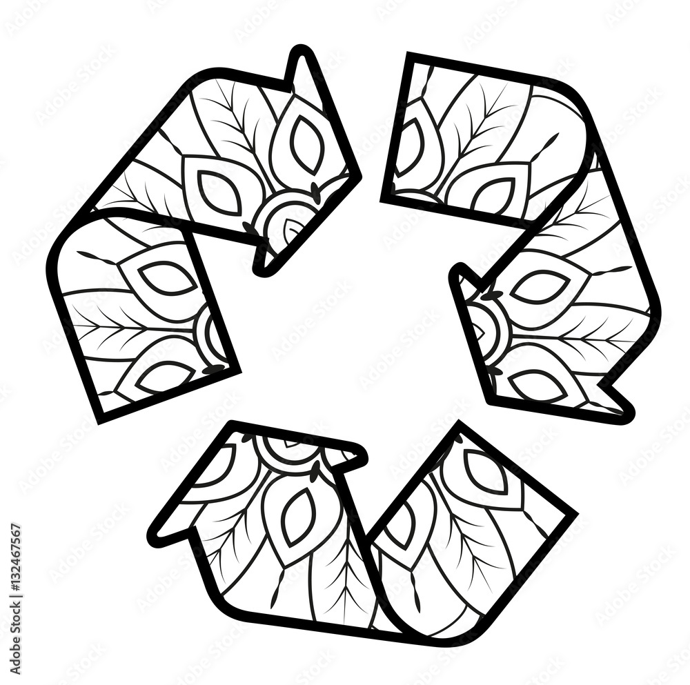 Vector illustration of recycling icon mandala for coloring book, simbolo del riciclo mandala da colorare vettoriale