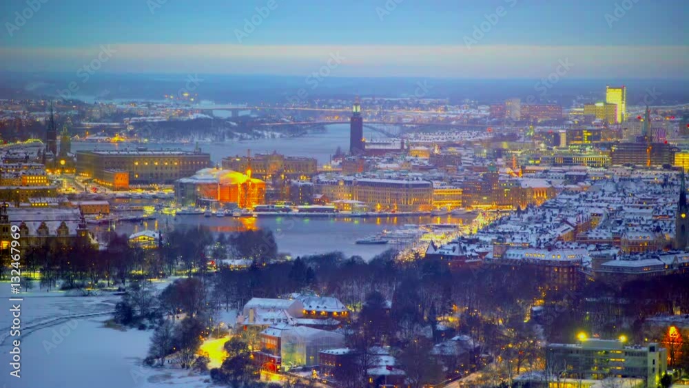A wintry Stockholm at dusk seen from tower Kaknastornet. Blueish tint. A wintry Stockholm at dusk seen from tower Kaknastornet. Blueish tint.