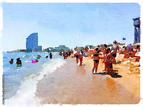 Digital watercolor painting of people on the sandy beach and in the water in Barcelona Spain on a sunny day with space for text. Sunbathers and swimmers enjoying the sunshine at the seaside.