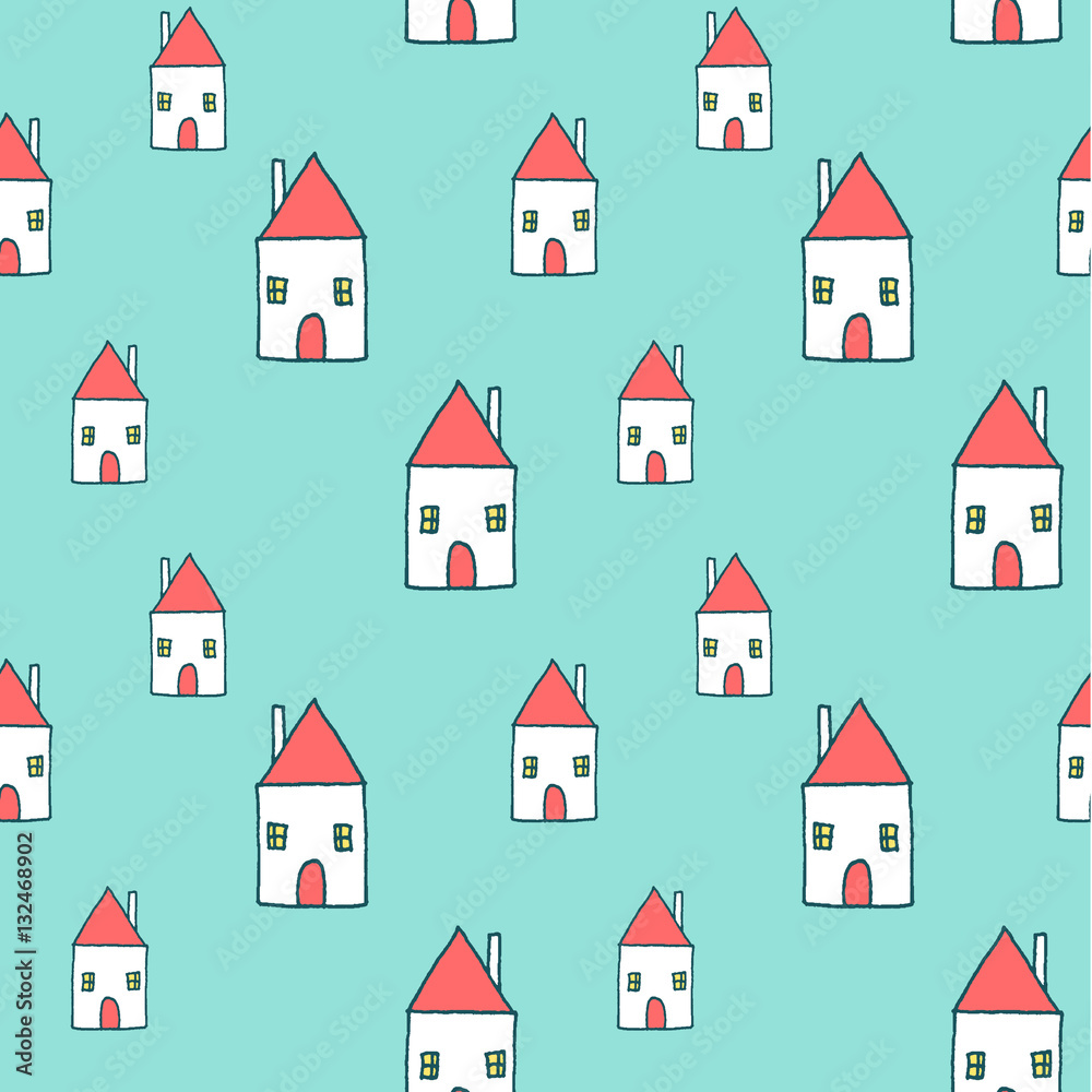 Seamless pattern - Cute city or village with red roof houses - vector hand drawn illustration. Cozy sweet home for a family, sketched minimalistic style building
