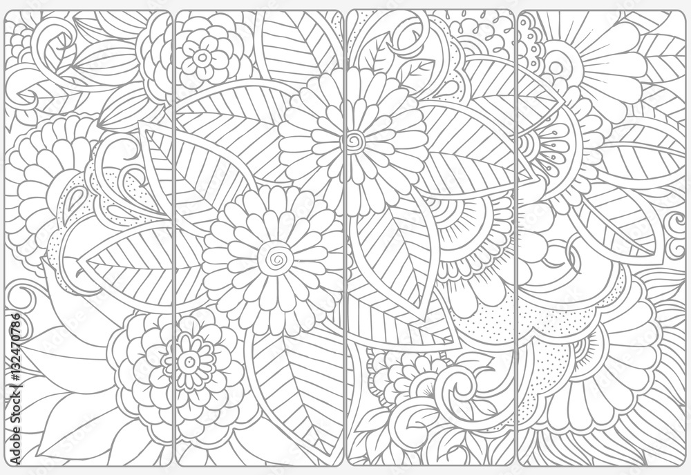 Vector set of monochrome bookmarks .Floral doodling for coloring