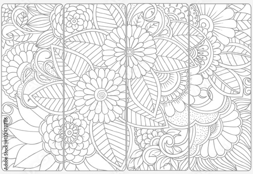 Vector set of monochrome bookmarks .Floral doodling for coloring