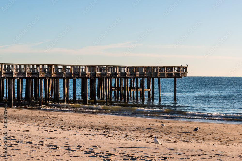Buckroe Beach viewing pier with sandy beach in Hampton, Virginia.  