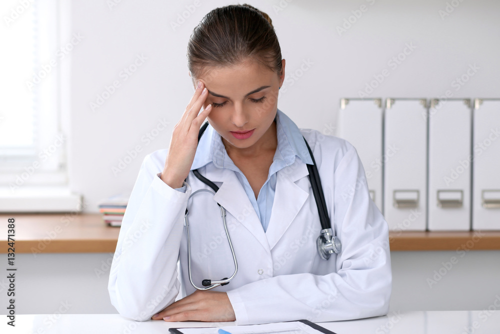 Doctor woman tired. Medicine and over work concept Doctor woman tired. Medicine and over work concept