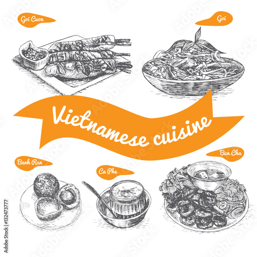 Monochrome vector illustration of Vietnamese cuisine.