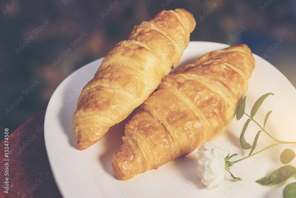 Tasty croissants with spikelets on dish.color tone