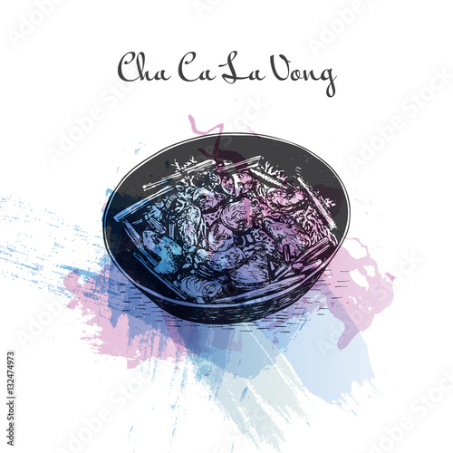 Cha Ca La Vong watercolor effect illustration.