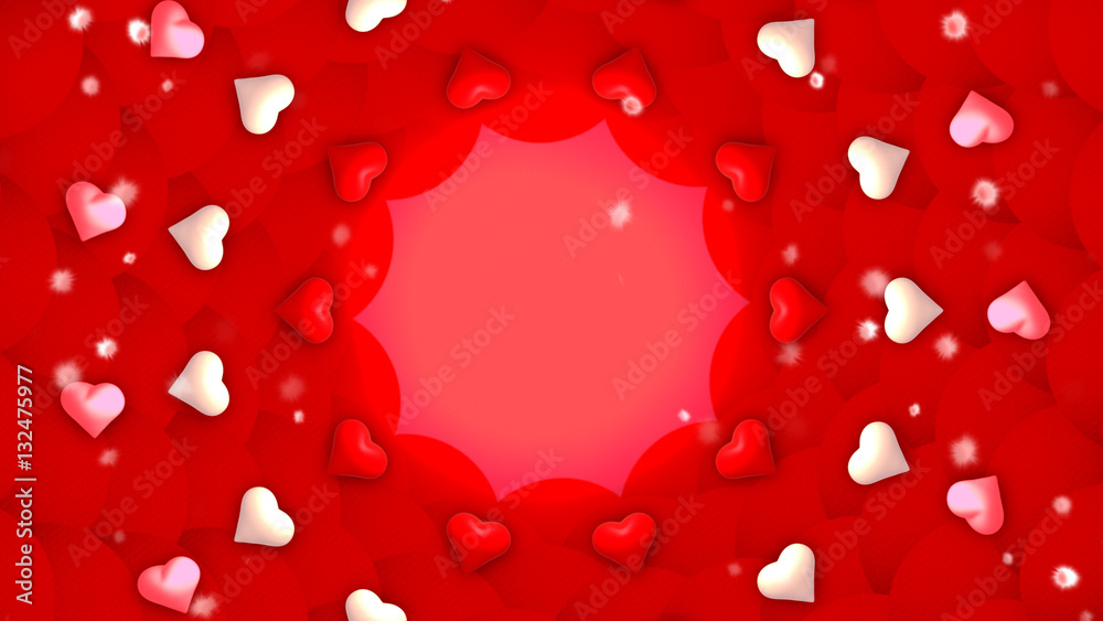 3d rendering picture of Happy Valentine's Day wallpaper. Beautiful circular frame and border made of multiple decorative items: heart shape objects and flower petals pattern background. 3d rendering picture of Happy Valentine's Day wallpaper. Beautiful circular frame and border made of multiple decorative items: heart shape objects and flower petals pattern background.