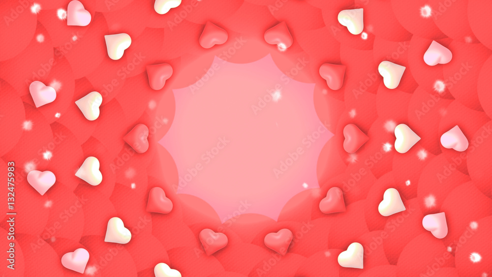 3d rendering picture of Happy Valentine's Day wallpaper. Beautiful circular frame and border made of multiple decorative items: heart shape objects and flower petals pattern background.