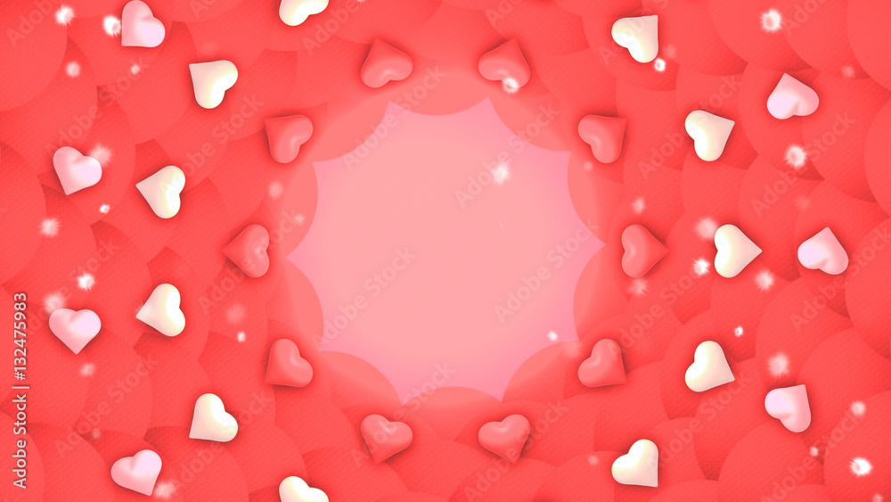 3d rendering picture of Happy Valentine's Day wallpaper. Beautiful circular frame and border made of multiple decorative items: heart shape objects and flower petals pattern background. 3d rendering picture of Happy Valentine's Day wallpaper. Beautiful circular frame and border made of multiple decorative items: heart shape objects and flower petals pattern background.
