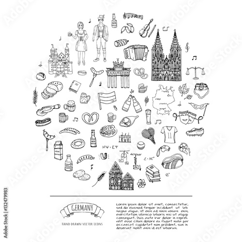 Hand drawn doodle set of Germany icons. Vector illustration set. Cartoon German landmark. Sketchy Europe travel elements collection: Sausage, Beer, Wheat bread, football, tennis, classic music, castle