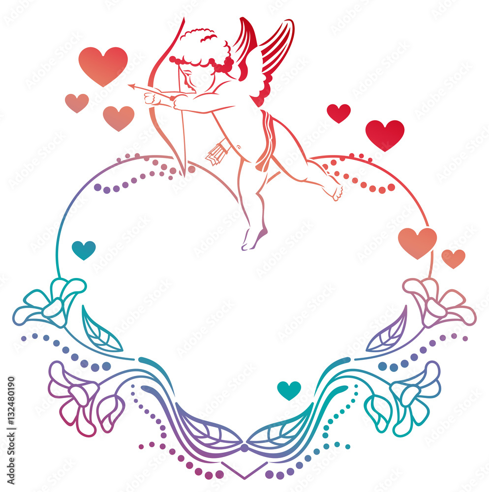 Cupid with bow hunting for hearts. Heart-shaped color gradient frame with Cupid, roses and hearts. Copy space. Raster clip art. Cupid with bow hunting for hearts. Heart-shaped color gradient frame with Cupid, roses and hearts. Copy space. Raster clip art.