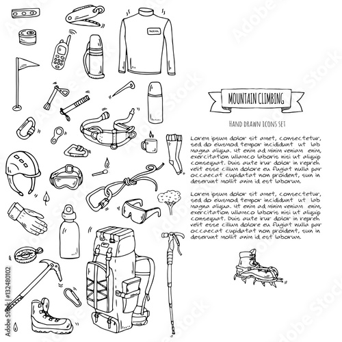 Hand drawn doodle Mountain Climbing icons set. Vector illustration. Mountaineering equipment collection. Cartoon sketch elements for trekking, hiking, tourism, expedition, camping, outdoor recreation.