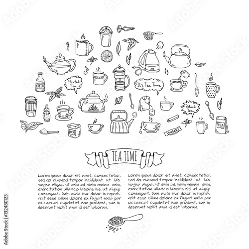 Hand drawn doodle Tea time icon set. Vector illustration. Isolated drink symbols collection. Cartoon various beverage element: mug, cup, teapot, leaf, bag, spice, plate, mint, herbal, sugar, lemon.