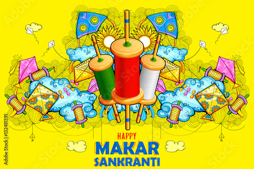 Happy Makar Sankranti wallpaper with colorful kite string for festival of India