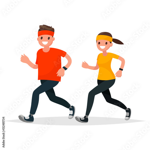 Man and woman in sportswear running on a white background.