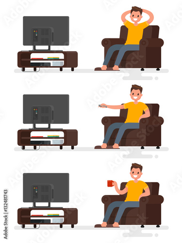 Set character man sitting in a chair and watching television on