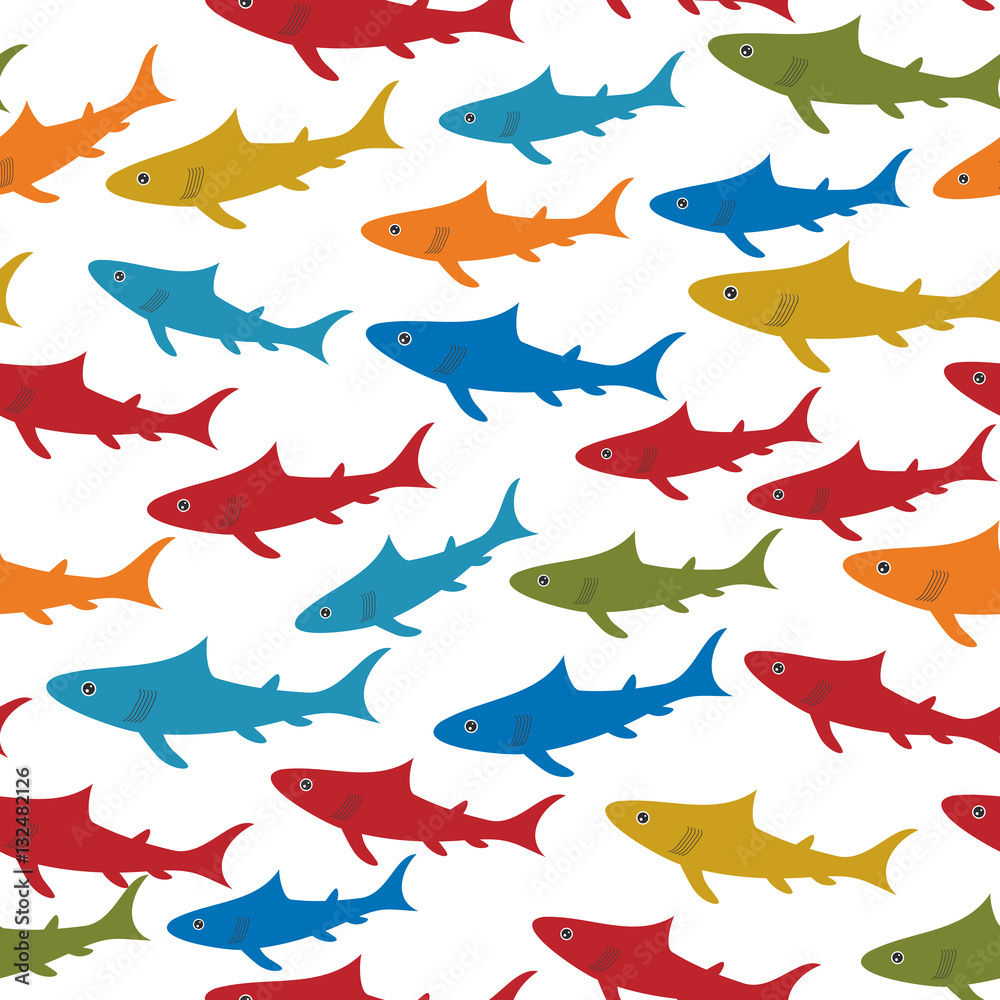 Seamless pattern with orange red blue green sharks Isolated on white background. Vector Seamless pattern with orange red blue green sharks Isolated on white background. Vector